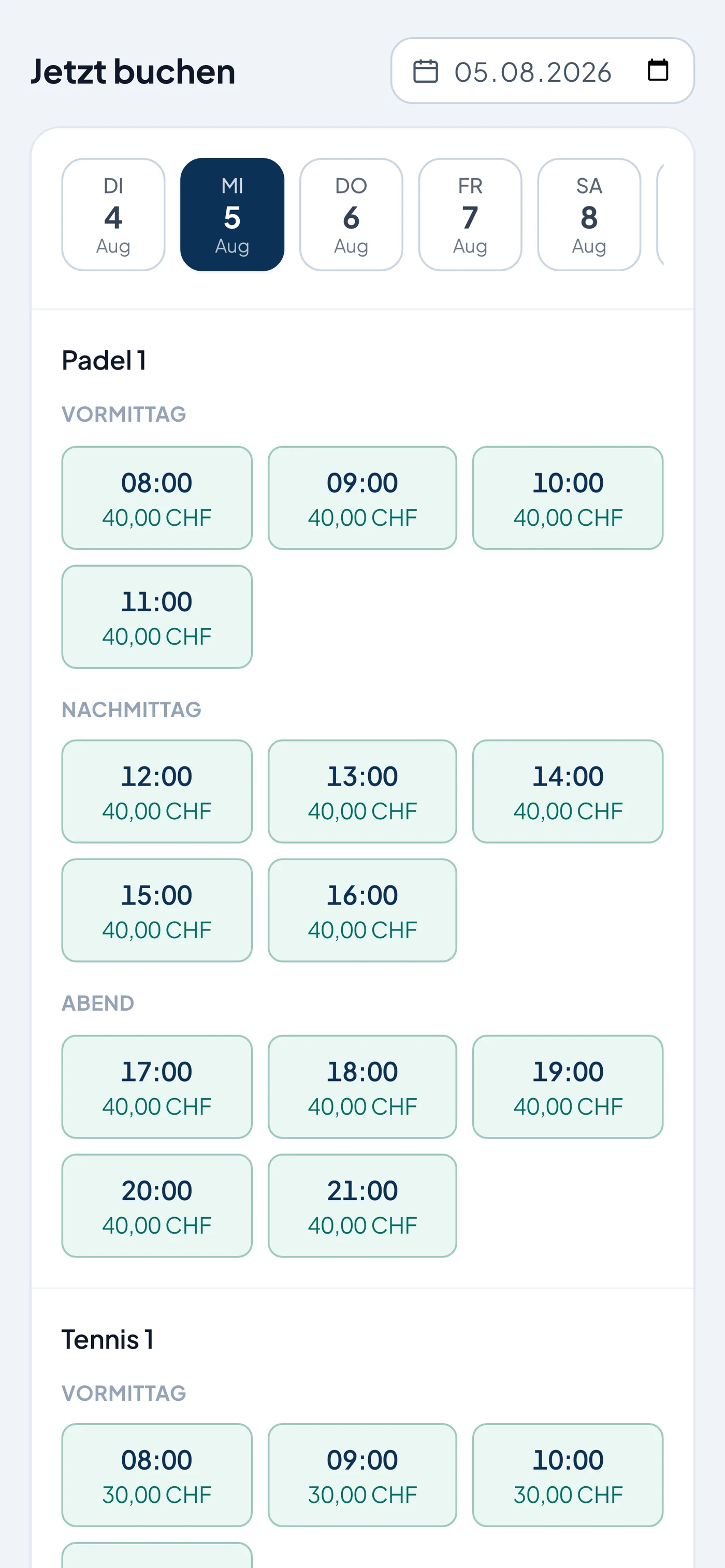 Buchungsseite am Handy: Datumsleiste und freie Zeiten mit Preis zum Antippen.