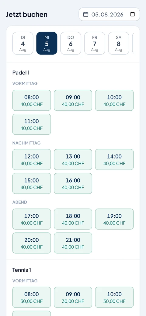 Buchungsseite am Handy: Datumsleiste und freie Zeiten mit Preis zum Antippen.