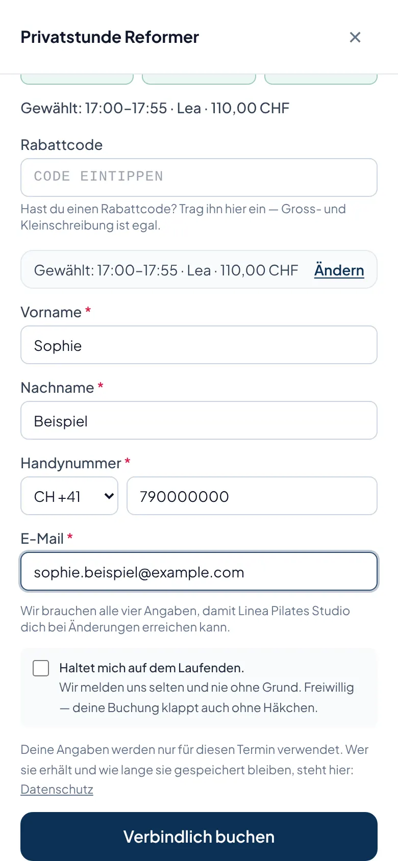 Buchungsformular: Privatlektion Reformer 17:00 bei Lea, 110 CHF.